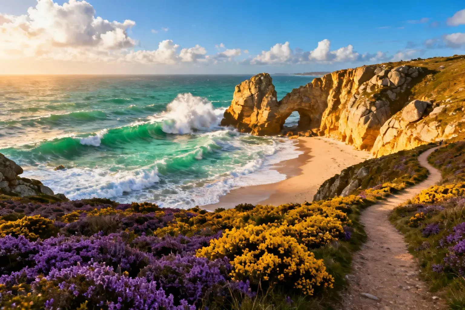 Baie des trépassés en Bretagne avec vagues émeraude se brisant sur la plage, falaises granitiques et sentier GR34 sous le soleil