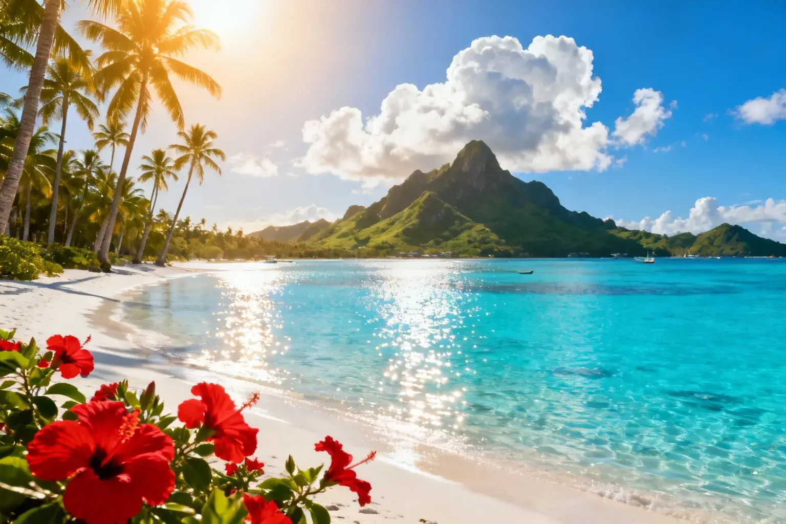 Lagon turquoise des îles Cook protégé par 4 îlots coralliens avec eau cristalline et plage de sable blanc