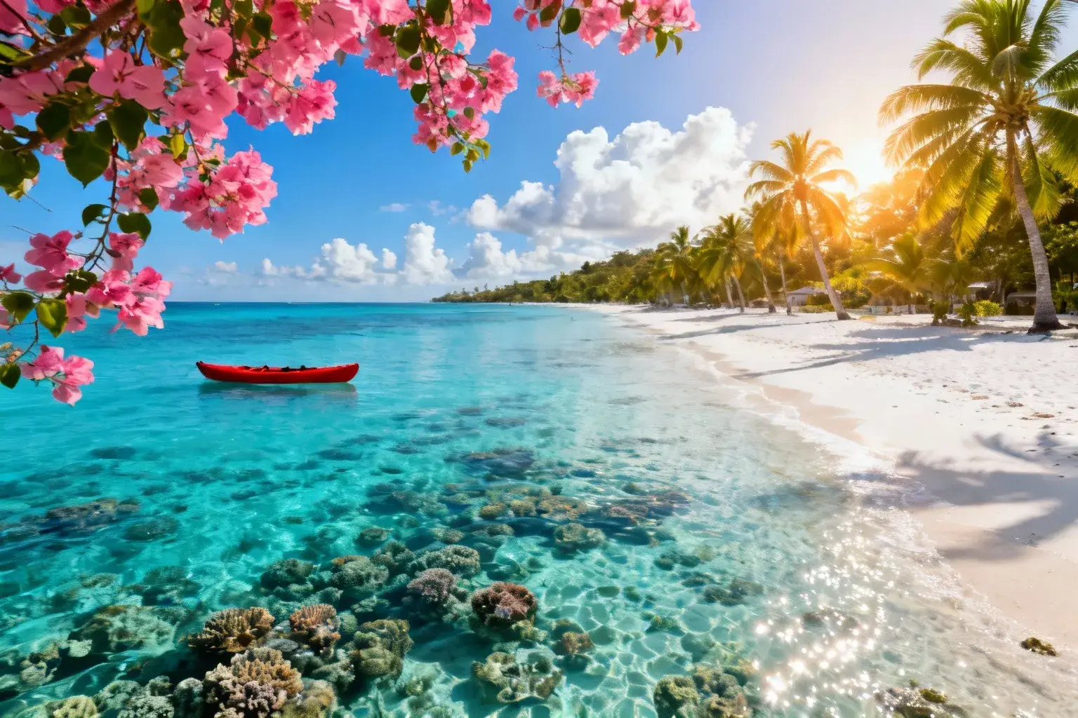 Plage de sable blanc bordée de palmiers avec eau turquoise transparente et récif corallien visible sous la surface