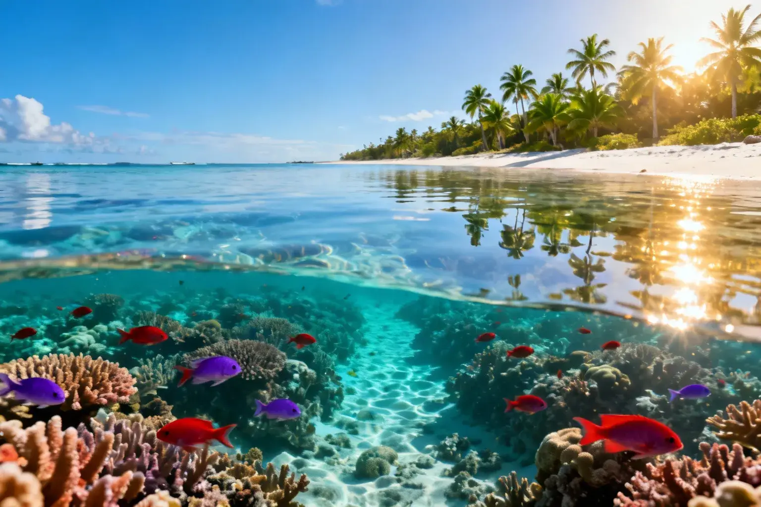 Sentier sous-marin en Nouvelle-Calédonie avec eau turquoise transparente, coraux vibrants et poissons colorés